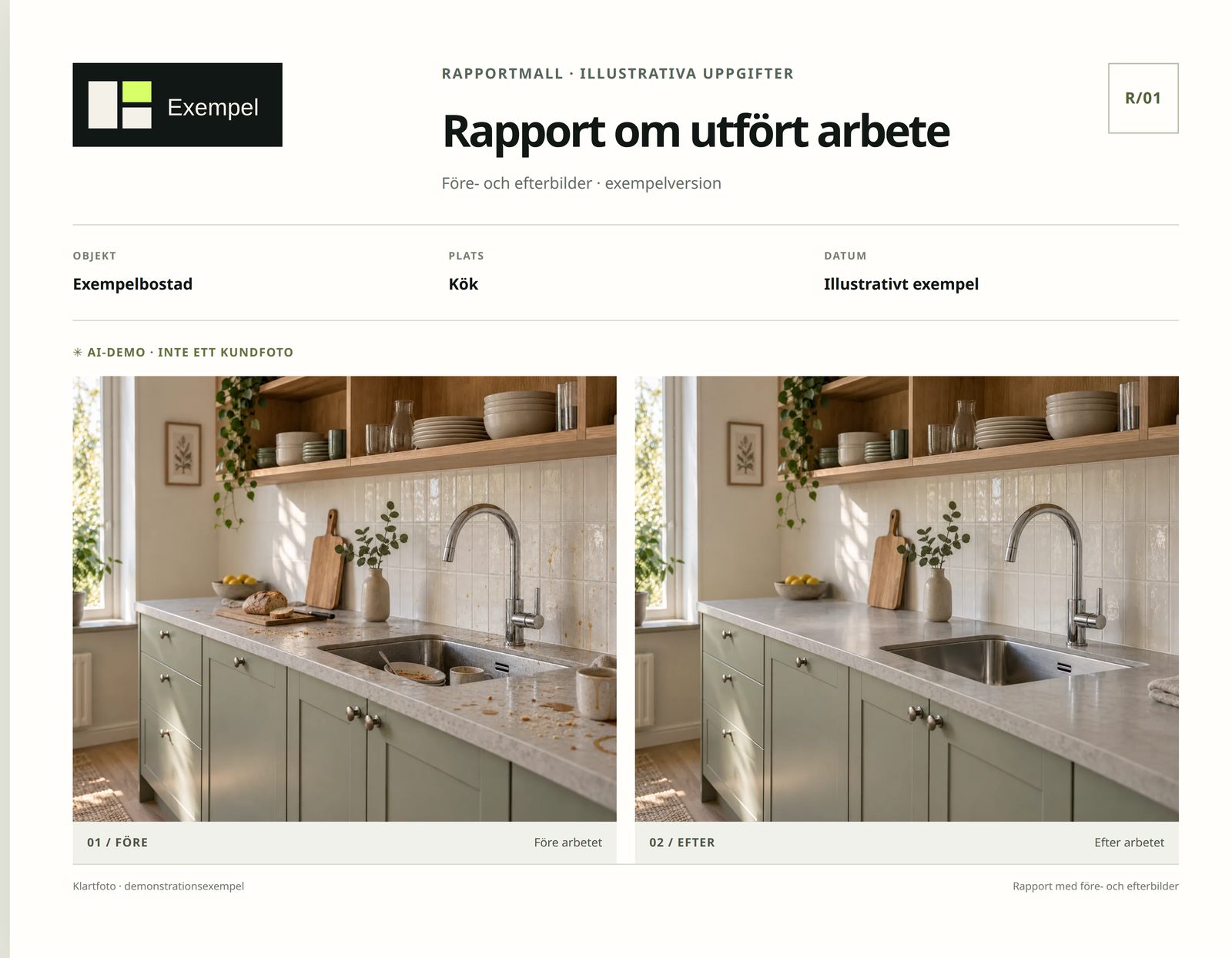 Exempel på Klartfotos rapportvy med före- och efterbild, kundens namn, adress och datum. Inte ett riktigt kunduppdrag.